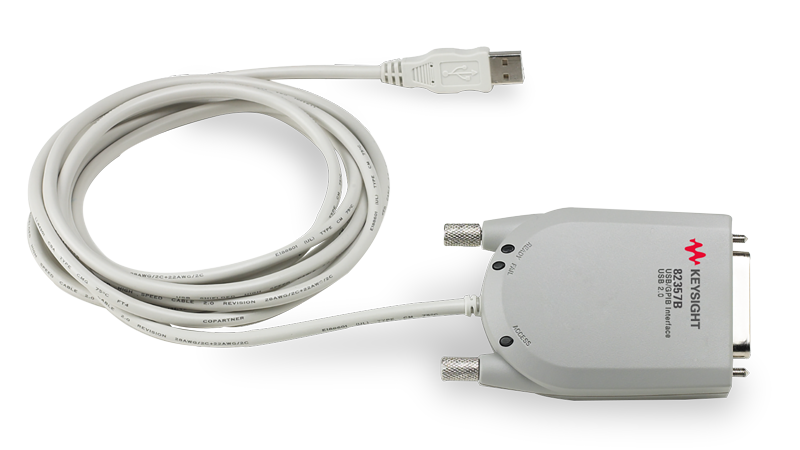 Keysight 82357B USB-GPIB Interface — white USB cable on the left, GPIB connector on the right, three status LEDs (READY / FAIL / ACCESS) on the device body.